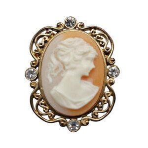 Faux Cameo Brooch Pendant Vintage Gold Toke Frame Ponytail Rhinestone Accents